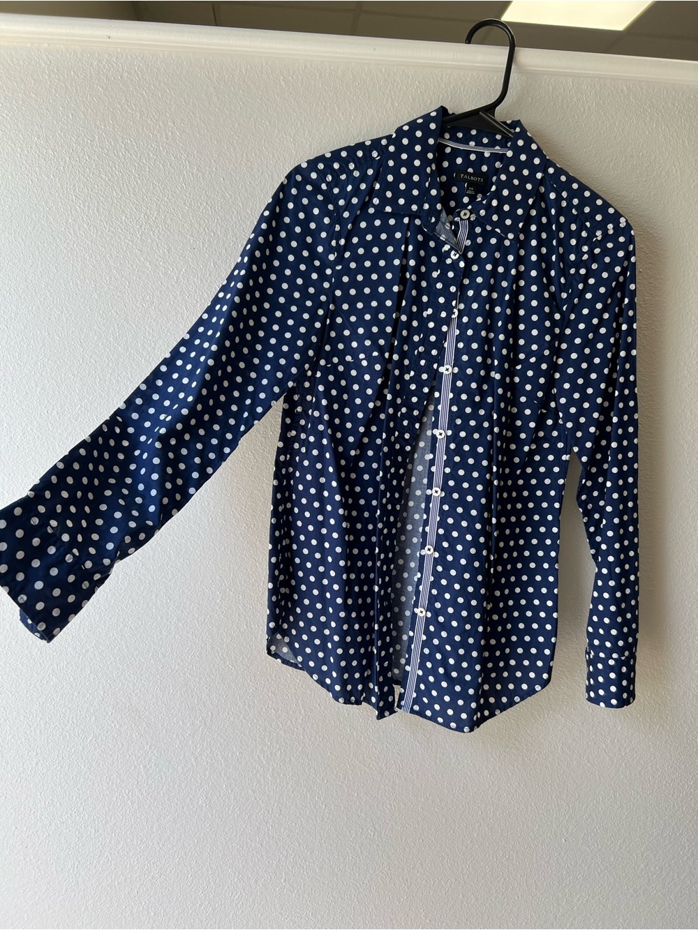 Talbots Navy and White Polka Dot Button-Down Blouse